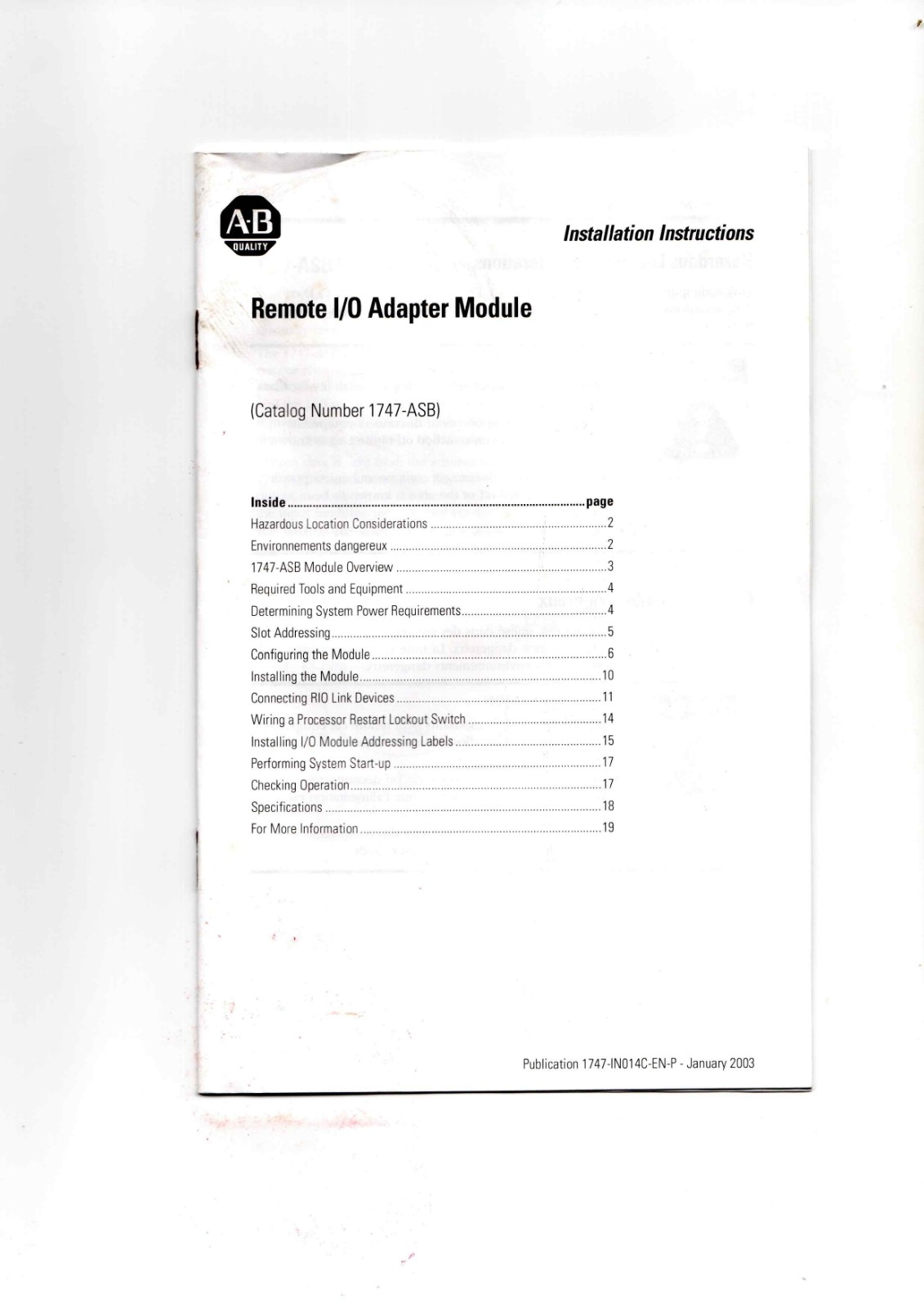 Allen-Bradley 1747-ASB Data Sheet