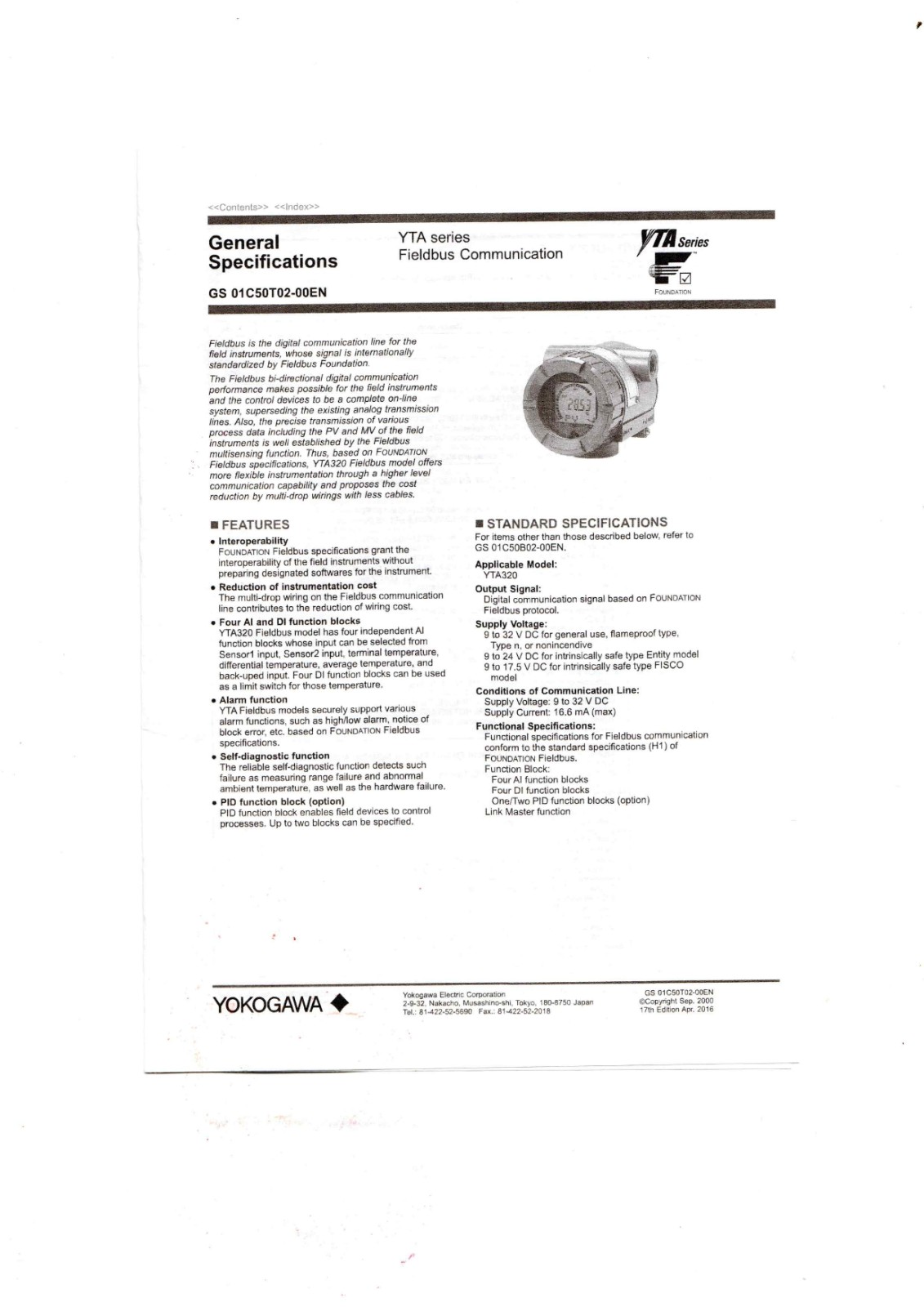 Yokogawa YTA320 Data Sheet