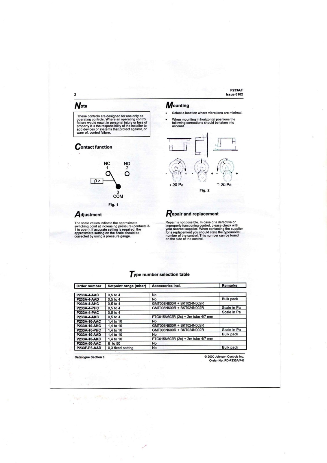 Johnson Controls P233A/F Data Sheet