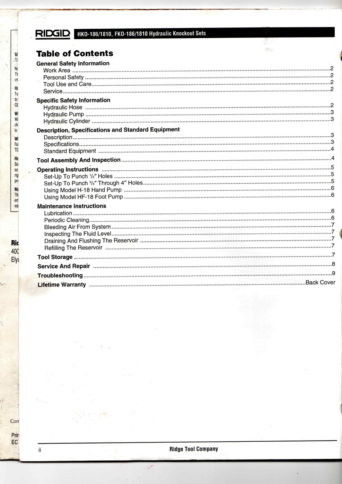 RIDGID HKO-186/1810, FKO-186/1810 Data Sheet