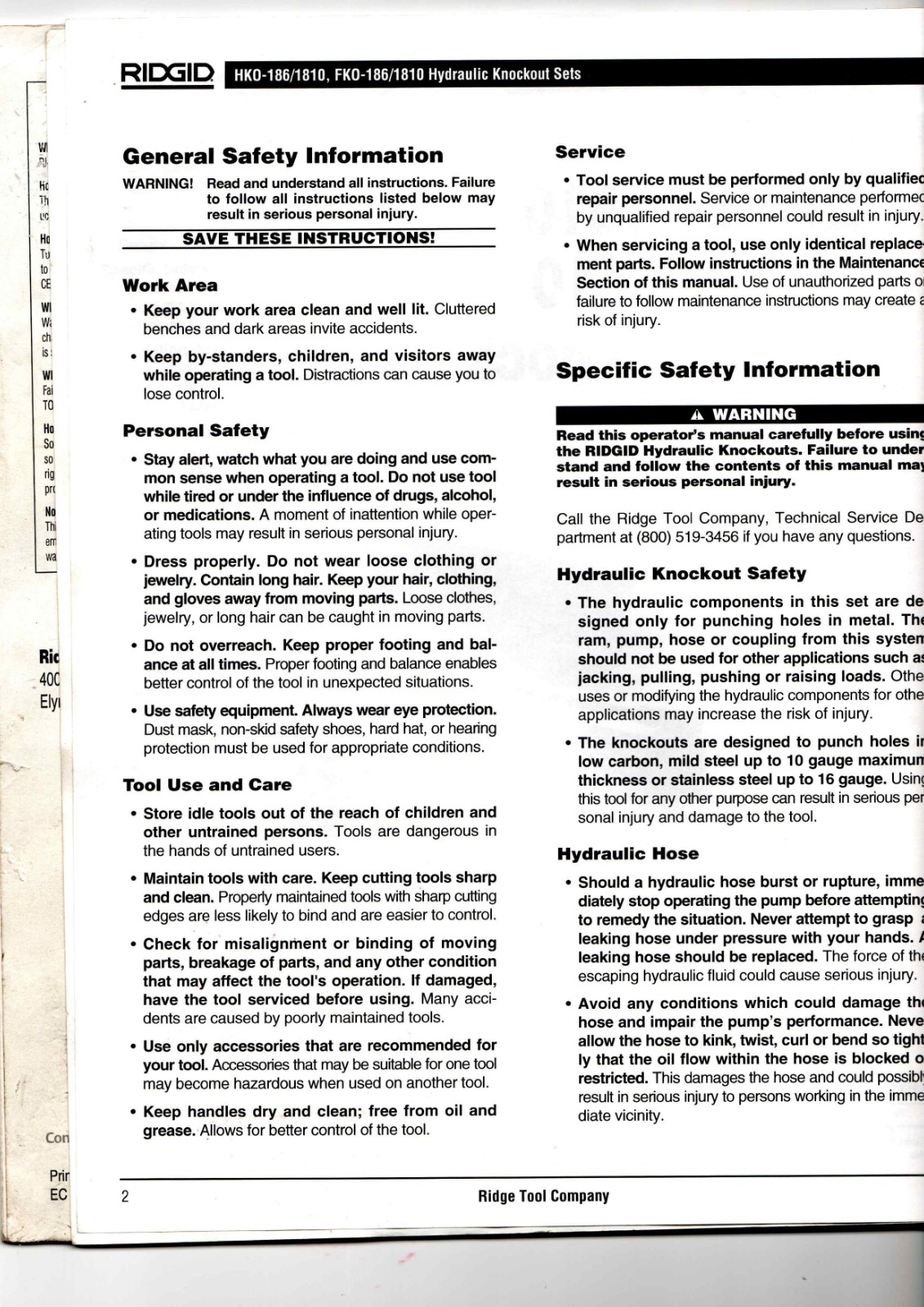 RIDGID HKO-186/1810, FKO-186/1810 Data Sheet
