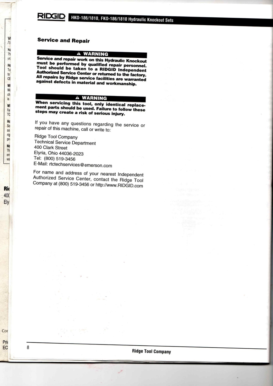 RIDGID HKO-186/1810, FKO-186/1810 Data Sheet