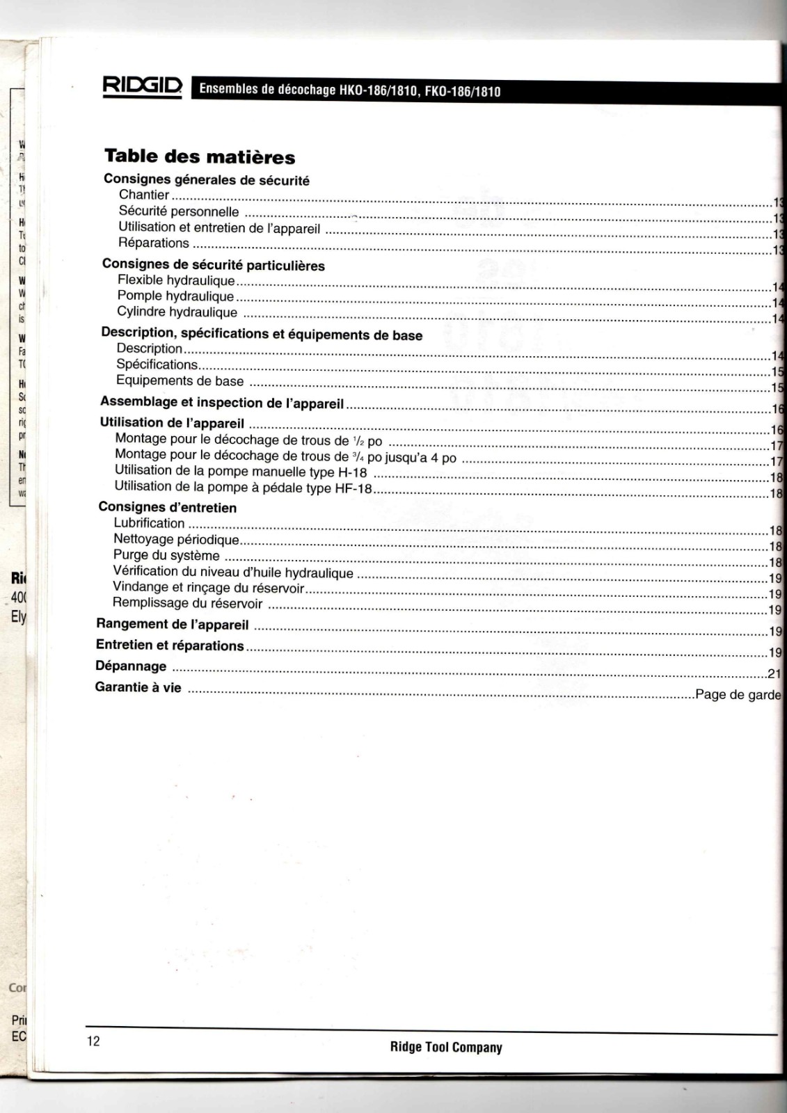RIDGID HKO-186/1810, FKO-186/1810 Data Sheet