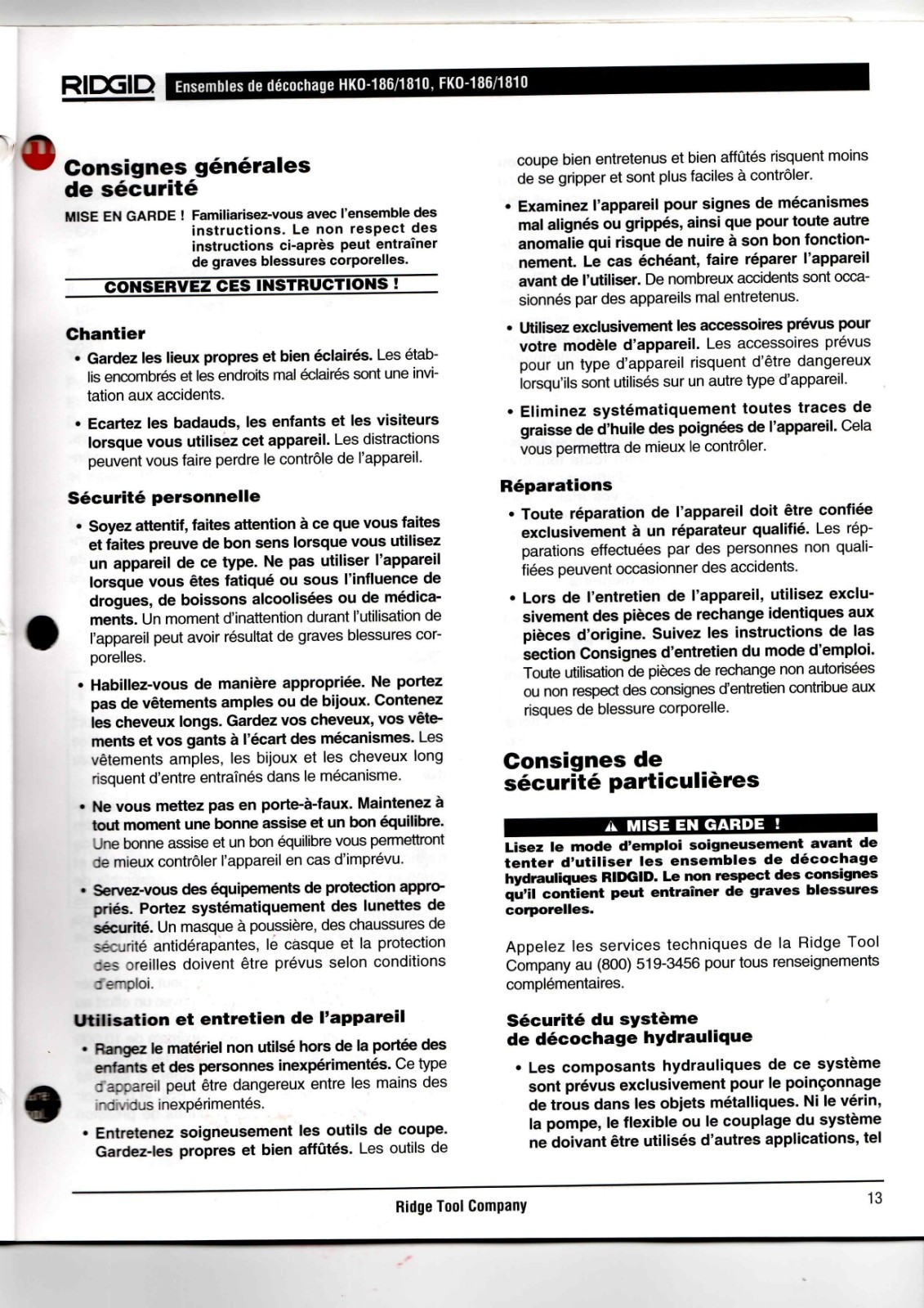 RIDGID HKO-186/1810, FKO-186/1810 Data Sheet