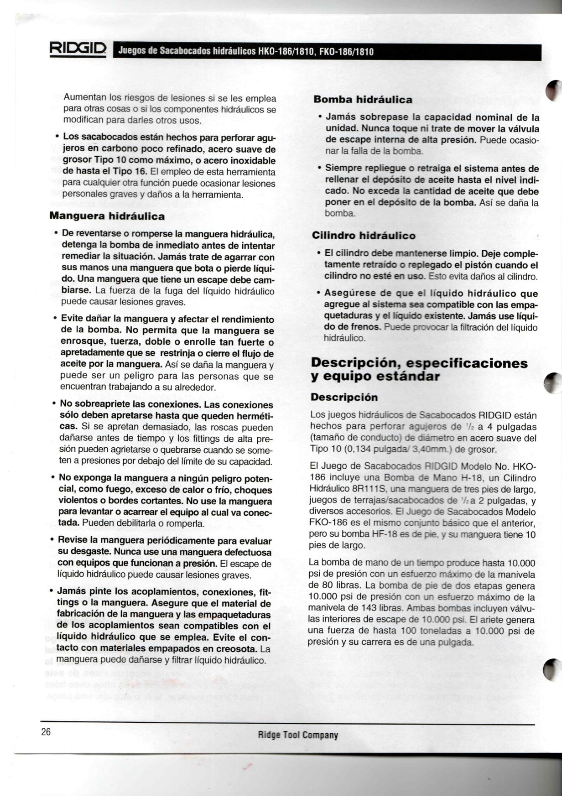 RIDGID HKO-186/1810, FKO-186/1810 Data Sheet