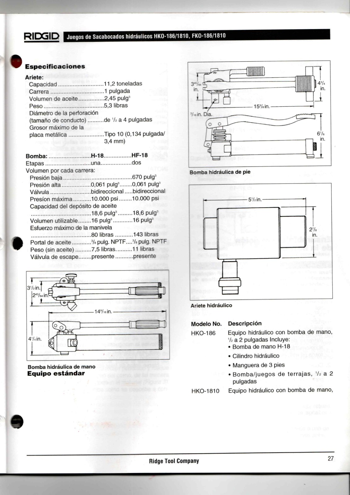 RIDGID HKO-186/1810, FKO-186/1810 Data Sheet