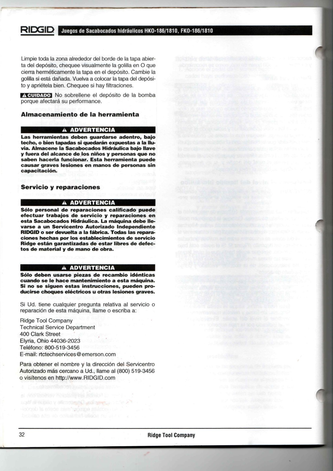 RIDGID HKO-186/1810, FKO-186/1810 Data Sheet