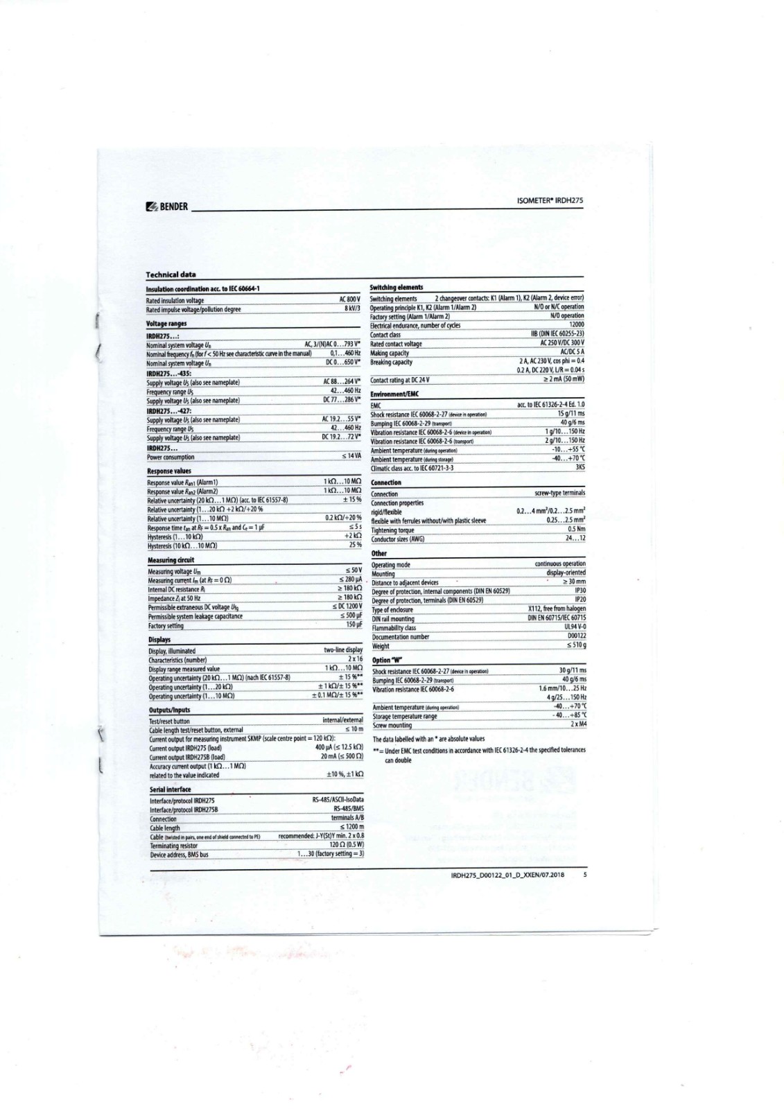 Bender IRDH275 Data Sheet