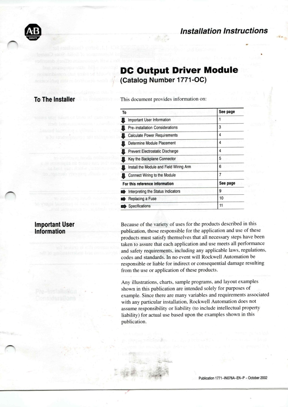 A-B 1771-OC Data Sheet