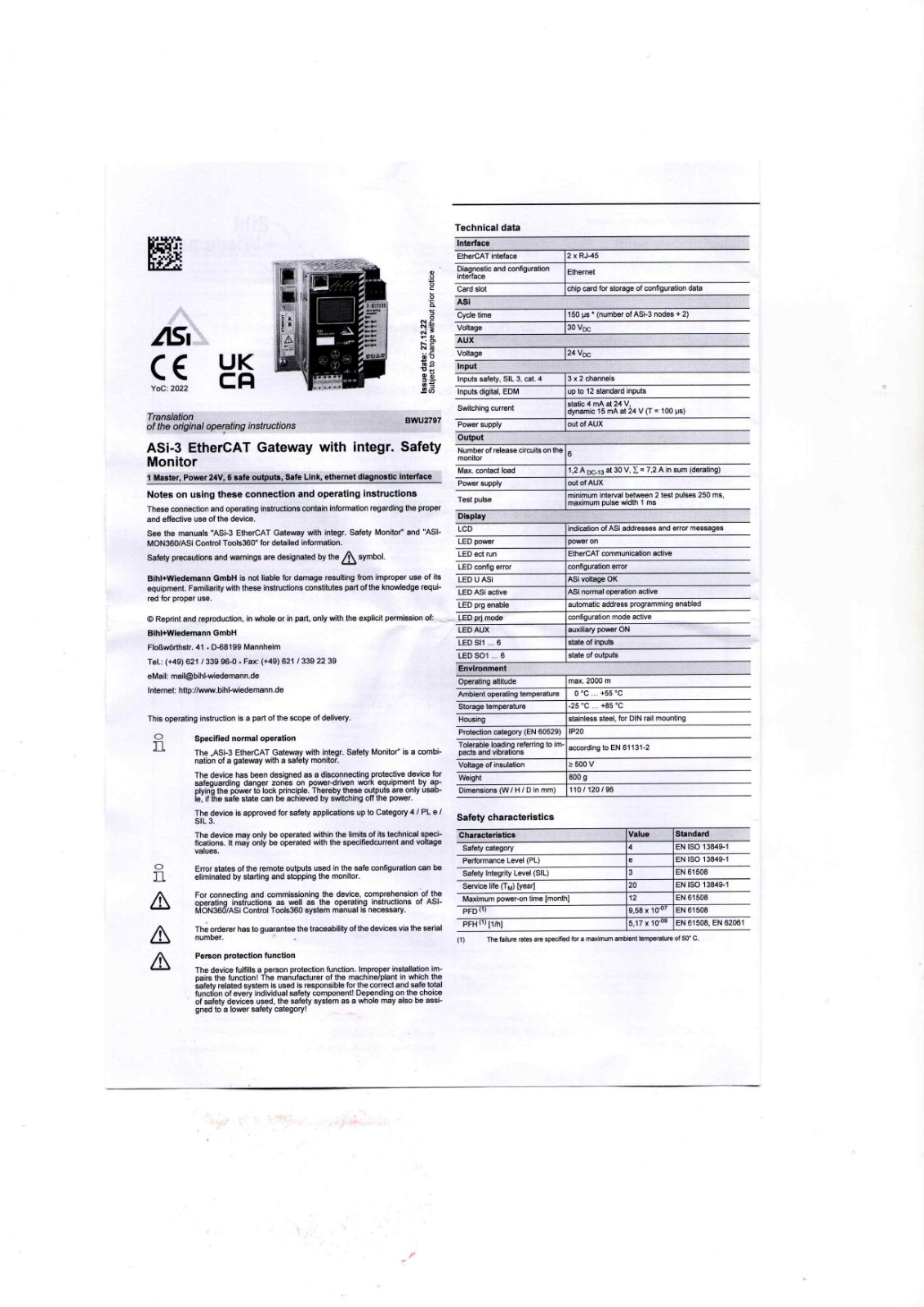 Bihl Wiedemann BWU2797 Data Sheet