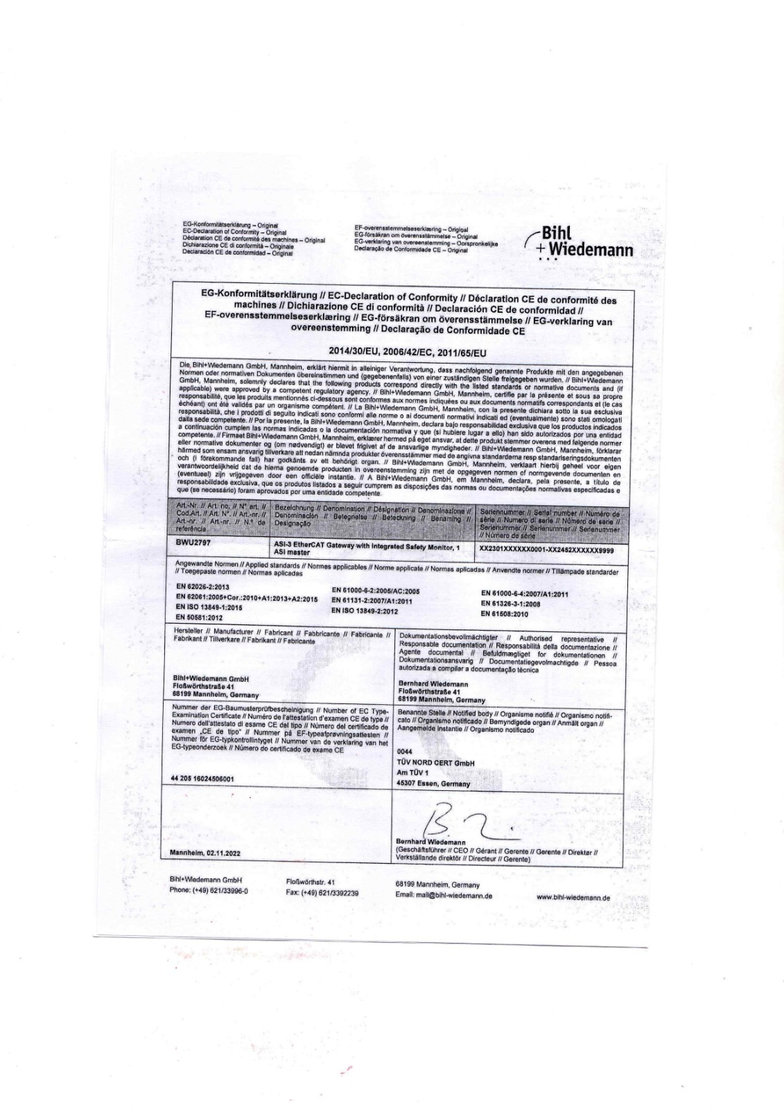 Bihl Wiedemann BWU2797 Data Sheet