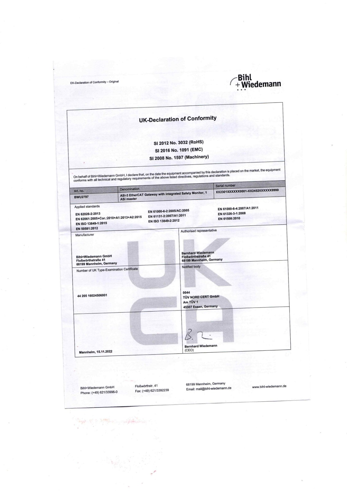 Bihl Wiedemann BWU2797 Data Sheet