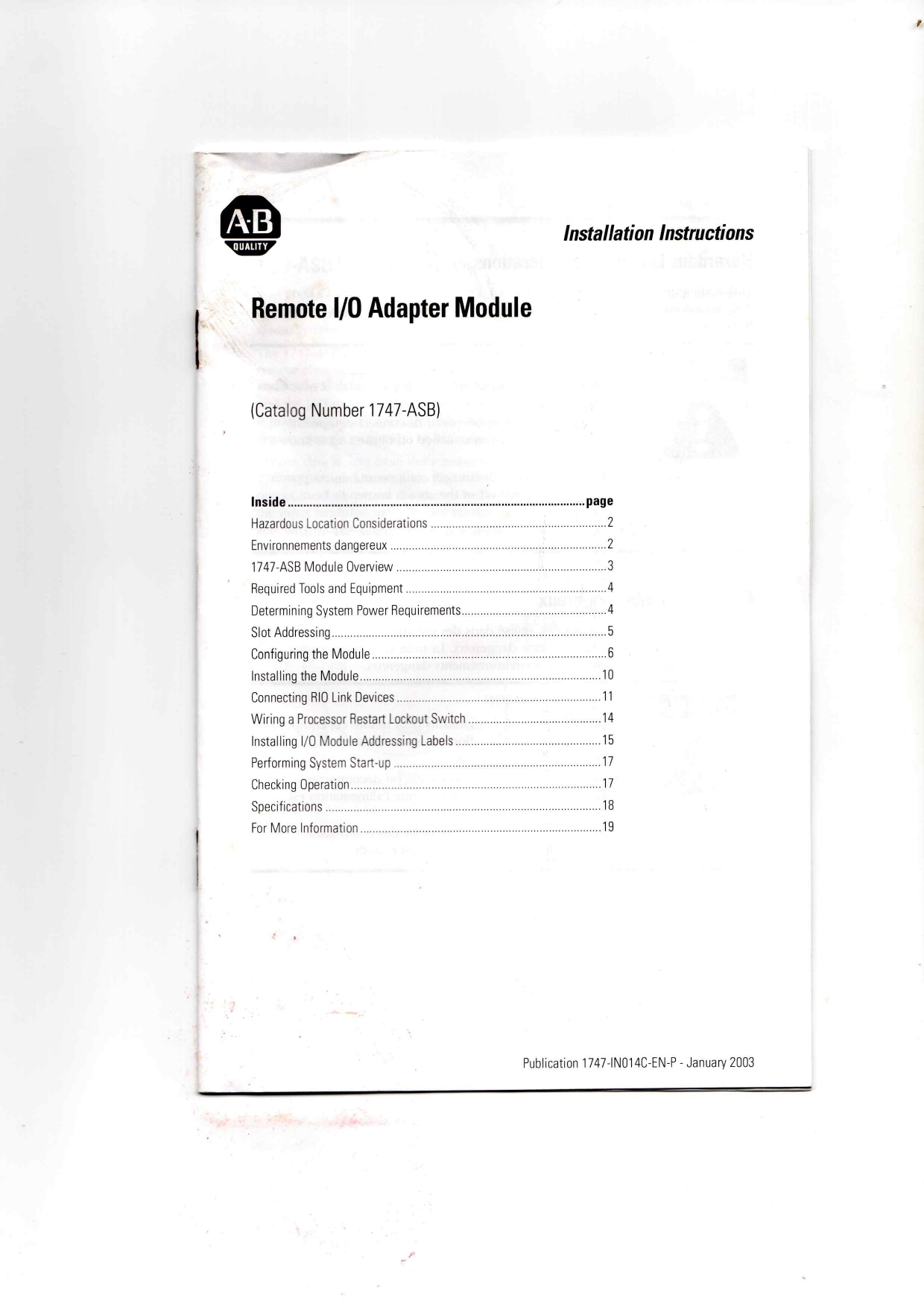 Allen-Bradley 1747-ASB Data Sheet