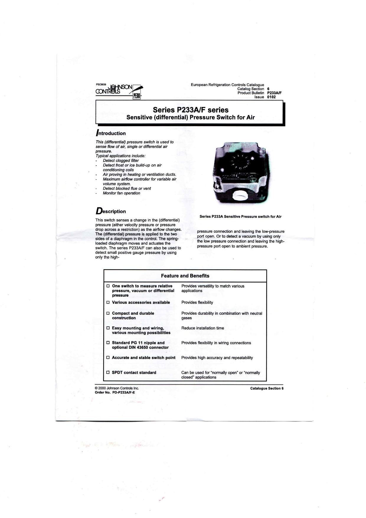Johnson Controls P233A/F Data Sheet