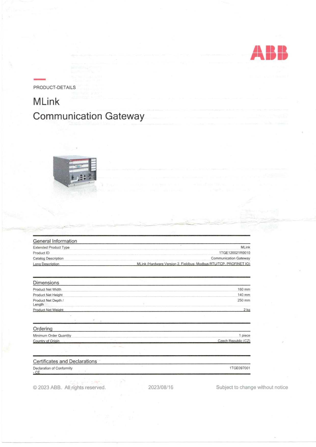 ABB 1TGE120021R0010 Data Sheet