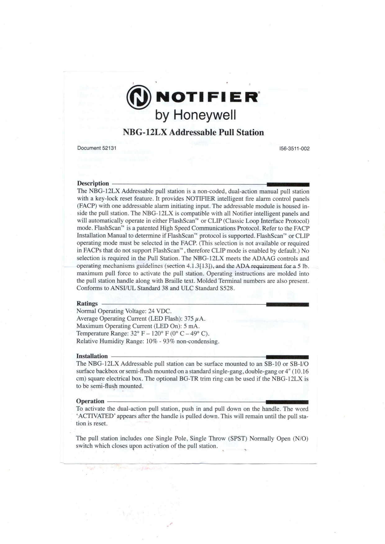 Honeywell NBG-12LX Data Sheet