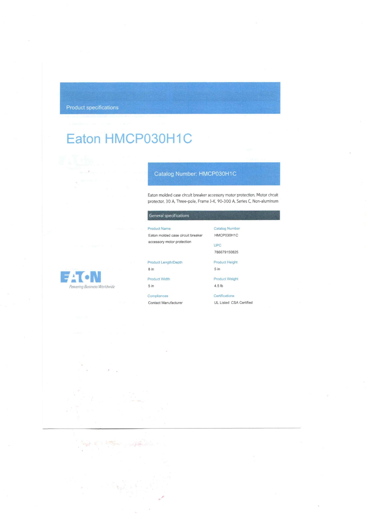 Eaton HMCP030H1C Datasheet